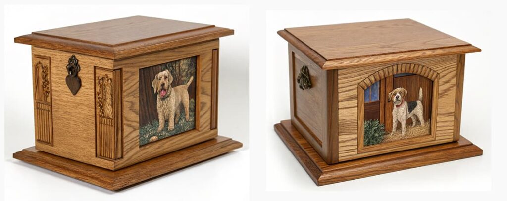 sculpture wooden pet urn with funny dog scene