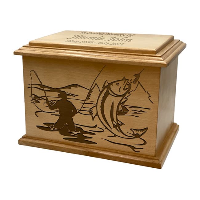 Engraving Fisherman Pattern Cremation Urn Wooden F416