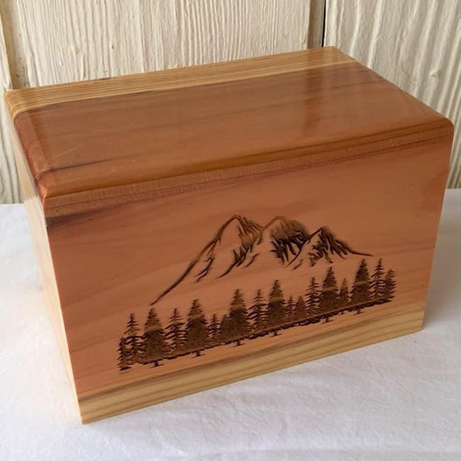 Redwood Wood Cremation Urn with Mountain and Trees F406
