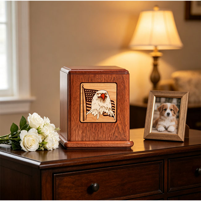 Bald Eagle Patriotic Theme Mahogany Pet Memorial Urn F448