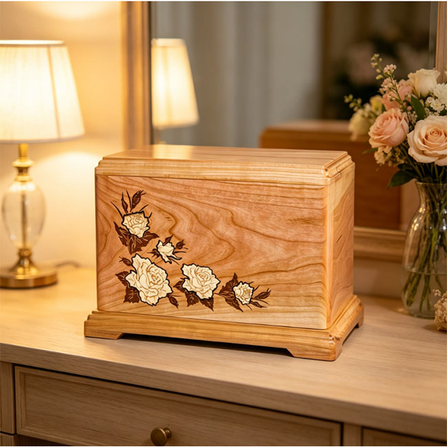 Cherry Wood White Rose Pet Urn F447