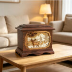 handcrafted walnut wood pet memorial urn with 3d wood carved deer and mountain scene