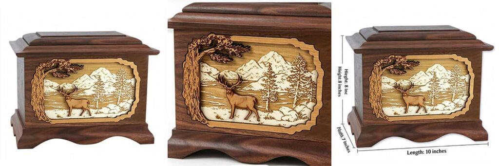 handcrafted walnut wood pet memorial urn with 3d wood carved deer and mountain scene (2)