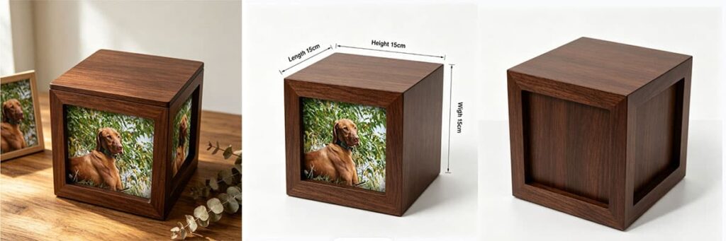 large cube pet urn with 4 photo frames