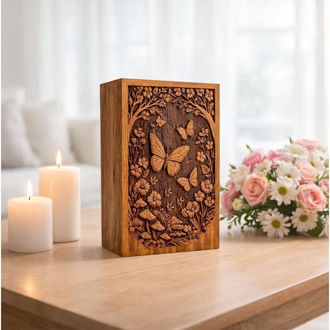Butterfly Floral Engraved Rosewood Memorial Keepsake Urn F461