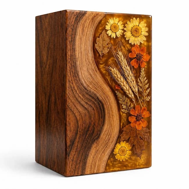 Custom Wood Resin Urn with Dried Flowers and Curved Grain Design FH012