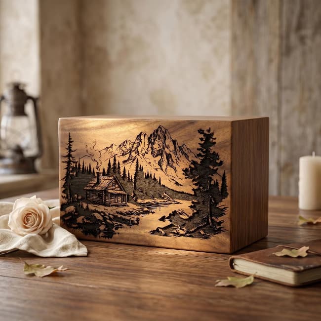 Engraved Memorial Mountain Cabin Wooden Urn Box FH004