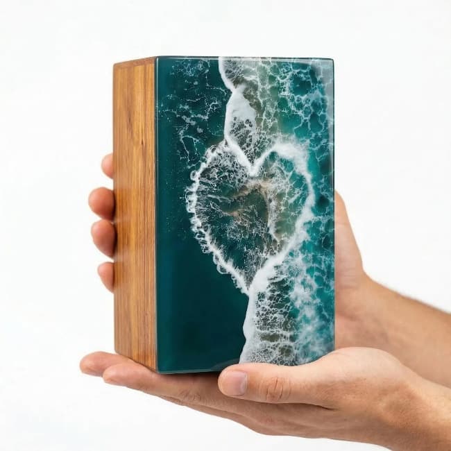 Ocean Heart Wave Wooden Urn Handmade Resin Art Memorial FH003
