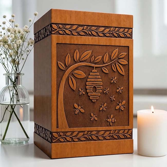 Personalized Hand-Carved Wooden Urn with Tree and Bee Pattern F469