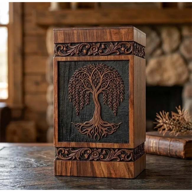 Personalized Hand-Carved Wooden Urn with Tree of Life Pattern F468